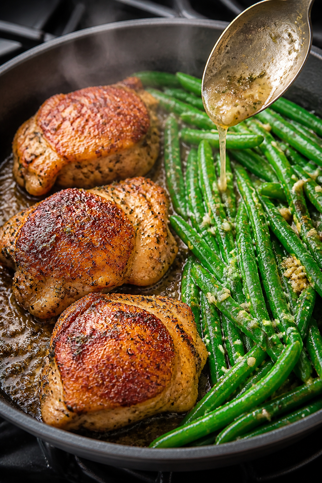 Cooking process, close-up: Searing boneless chicken thighs in a large oven-safe skillet, golden-brow