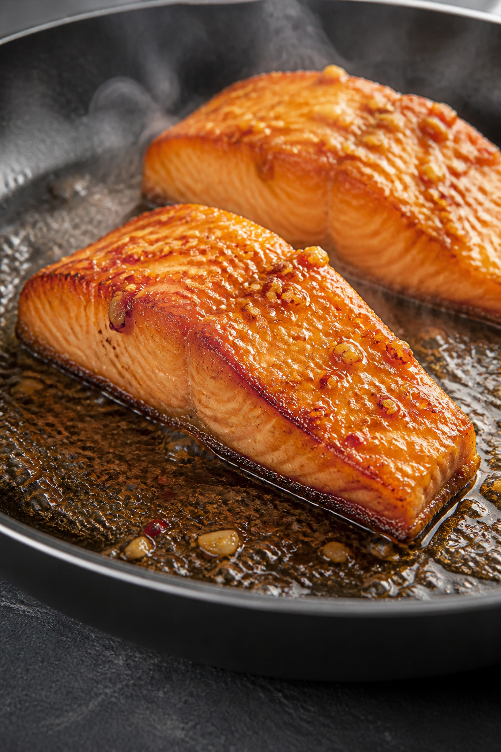 Cooking process close-up: Searing honey-garlic glazed salmon fillets in a large nonstick skillet, sk