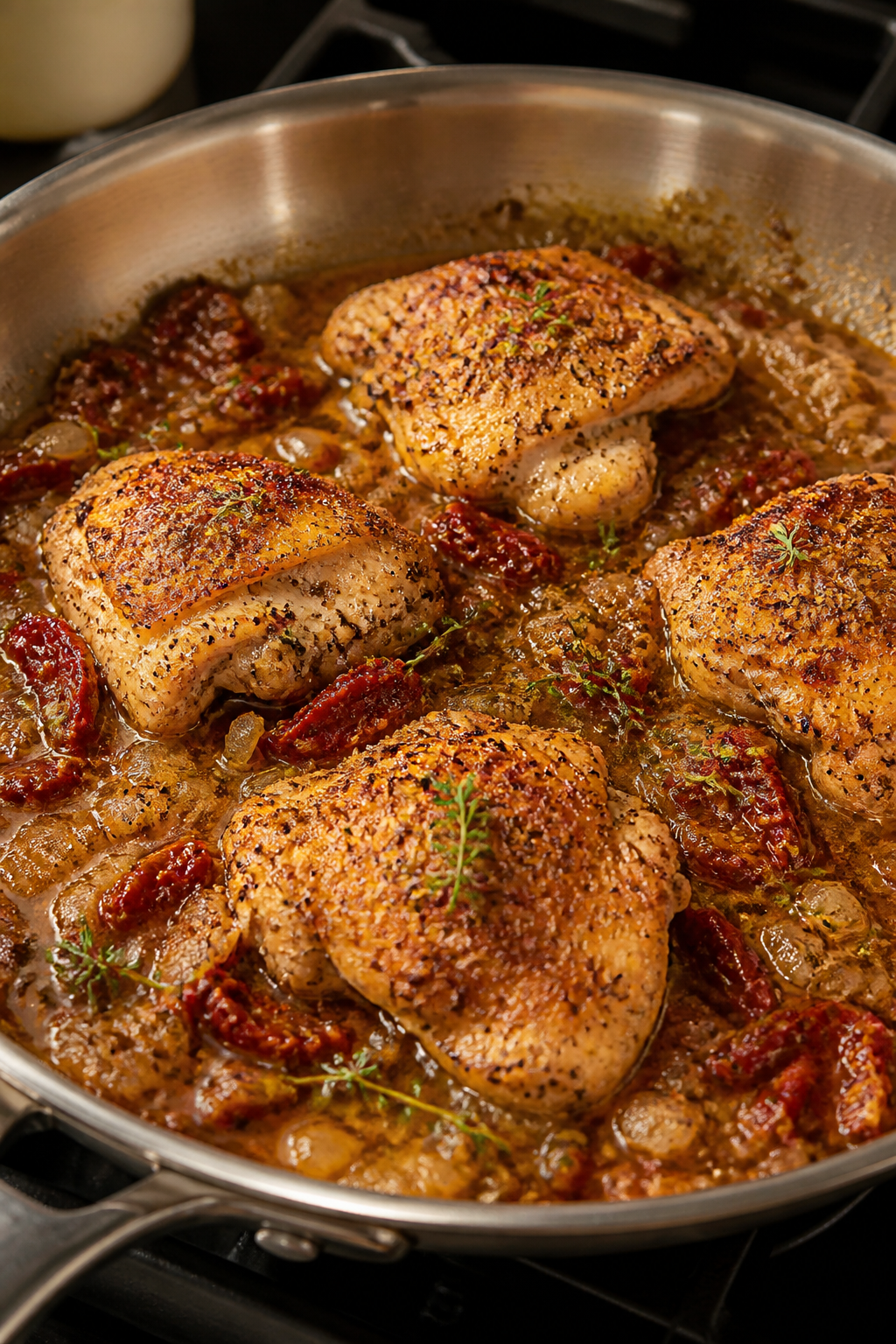 Cooking process close-up: Searing seasoned chicken thighs in a stainless skillet until lightly golde