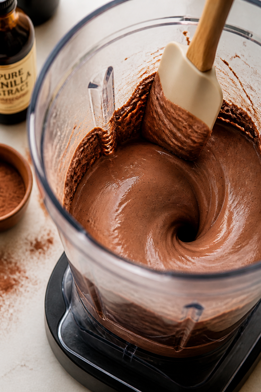 Cooking process close-up: Silky chocolate cottage cheese mousse swirling in a high-speed blender jus