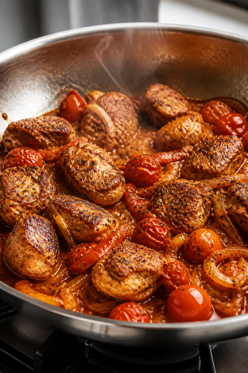 Cooking process close-up: Sizzling bite-size chicken pieces in a heavy stainless skillet, deeply bro