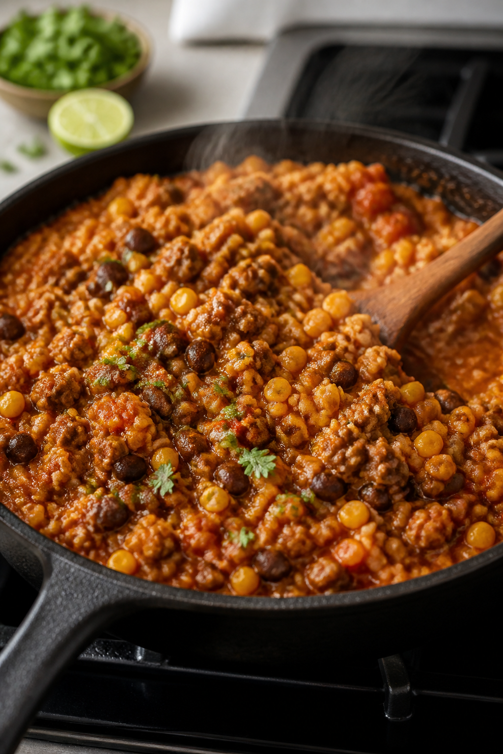 Cooking process close-up: Skillet of taco-seasoned ground turkey simmering with tomato paste and low