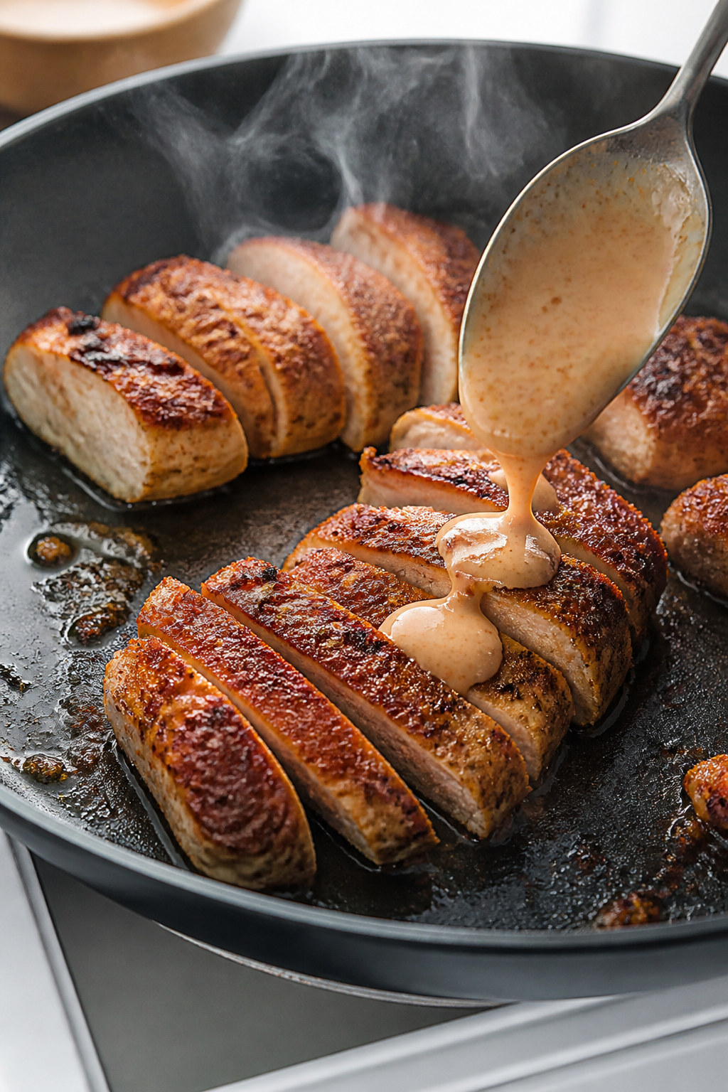 Cooking process close-up: Sliced, spice-rubbed chicken breasts sizzling in a hot nonstick skillet, g