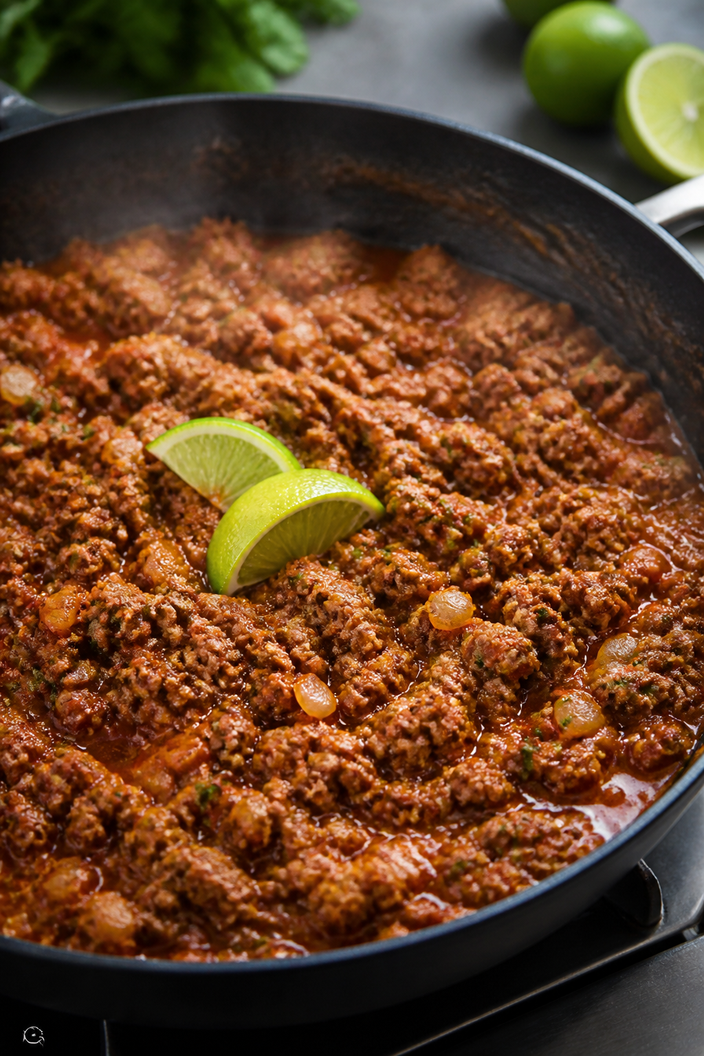 Cooking process close-up: Spicy ground turkey simmering in a wide skillet after browning, coated in 