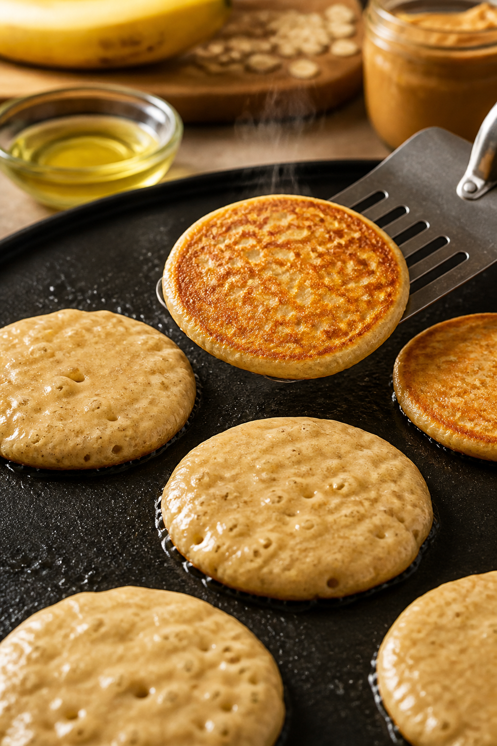 Cooking process close-up: Thick, pourable peanut butter–banana oat batter ladled into 1/4-cup roun