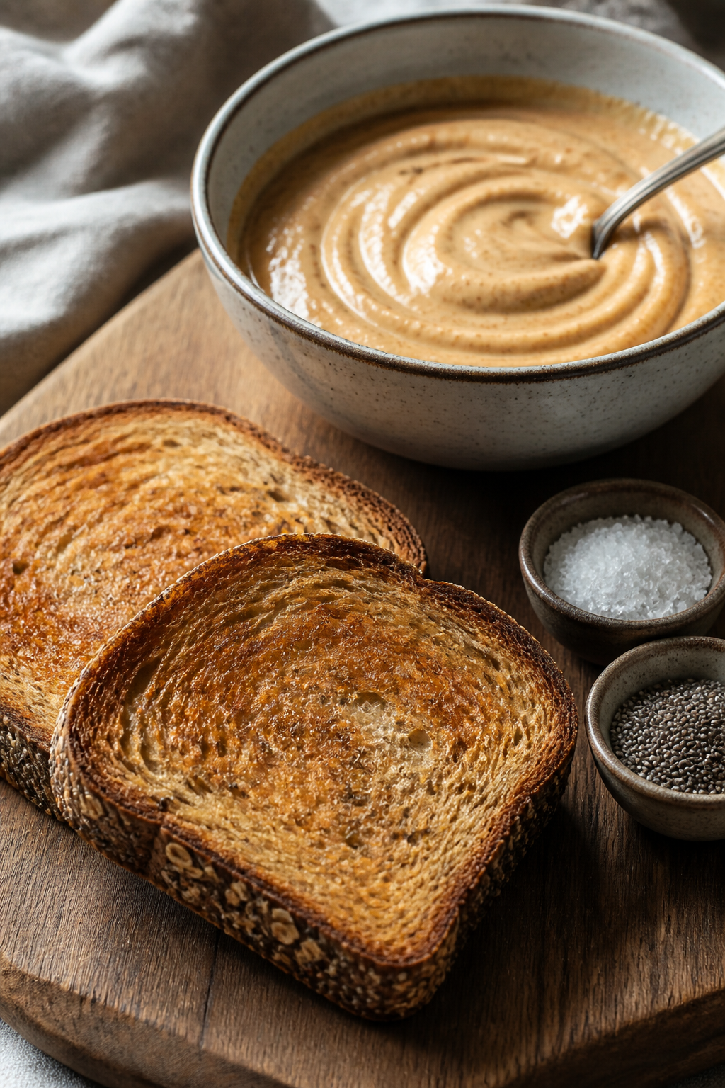 Cooking process close-up: Two thick-cut whole-grain toast slices just popped from the toaster, surfa