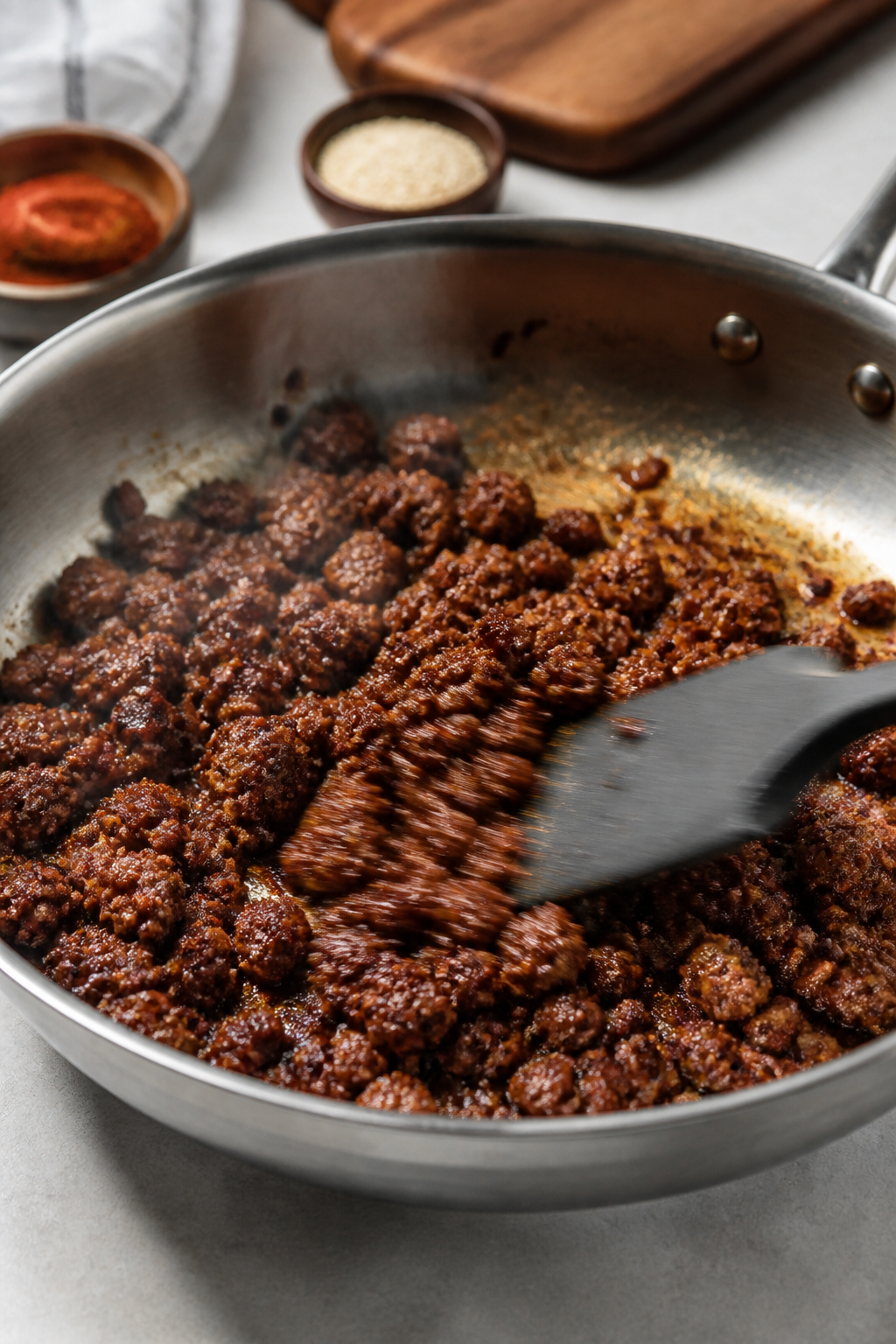 Cooking process: Crumbled seasoned ground beef sizzling in a wide stainless skillet over medium-high