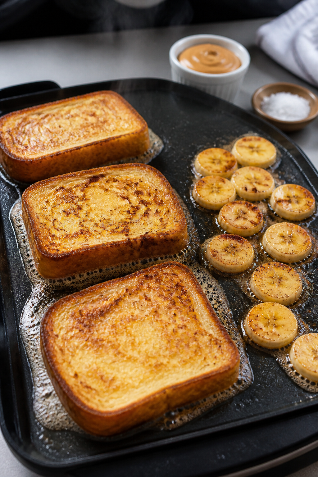 Cooking process: French toast slices sizzling on a nonstick griddle over medium heat, showing an eve