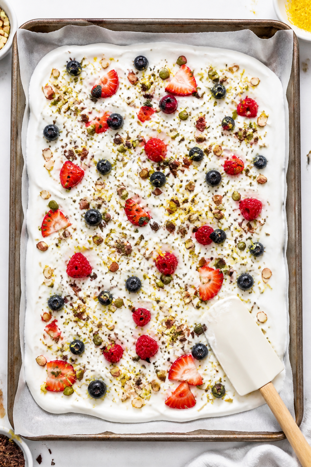 Cooking process — Greek Yogurt Breakfast Bark being assembled: an overhead shot of a parchment-lin