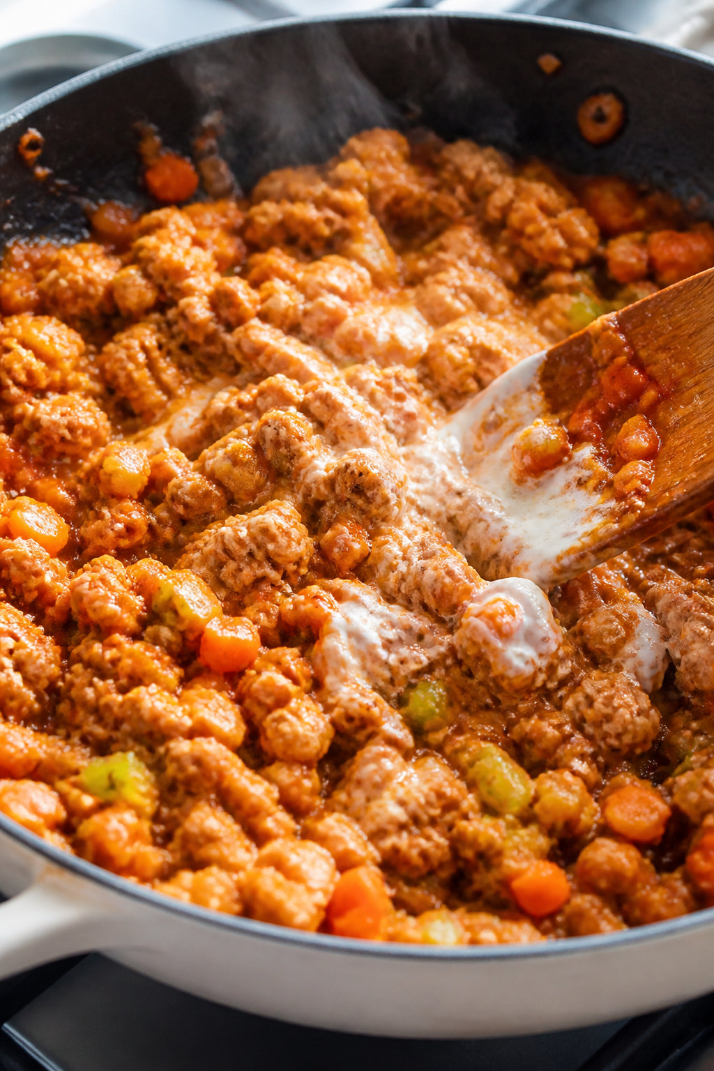 Cooking process — Ground chicken browning in a wide skillet with sautéed onion, celery, and carro