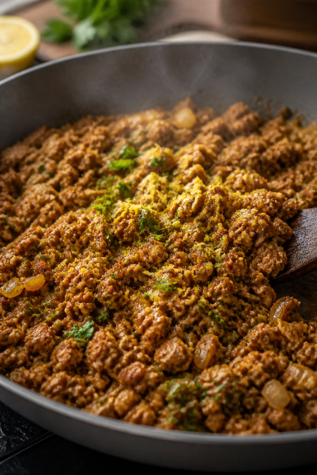 Cooking process — Ground turkey browning in a wide skillet: close-up of crumbled, cooked-through t