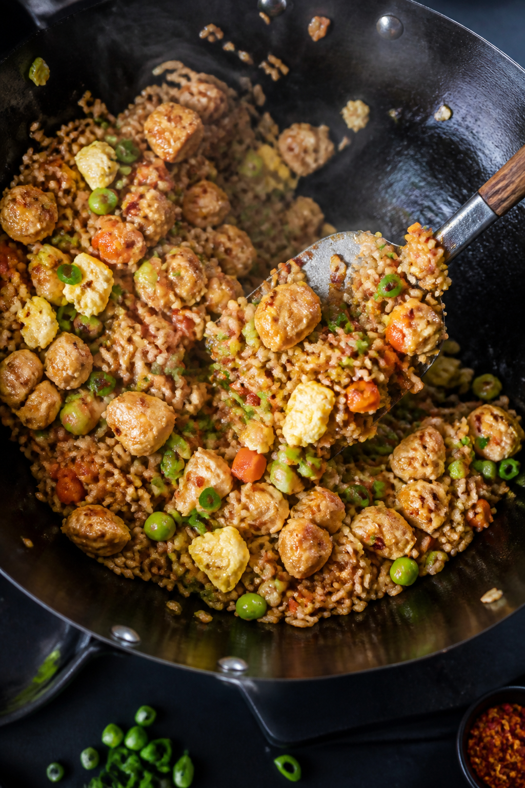 Cooking process: High-protein chicken fried rice sizzling in a carbon-steel wok over high heat, over