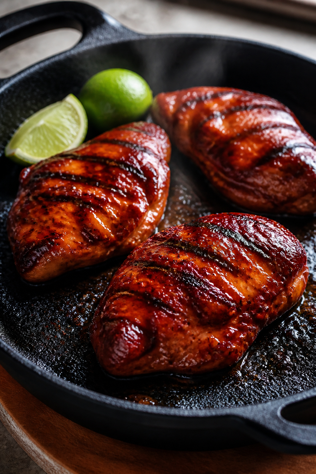 Cooking process: Juicy BBQ-glazed chicken breasts sizzling on a hot cast-iron skillet, brushed in th
