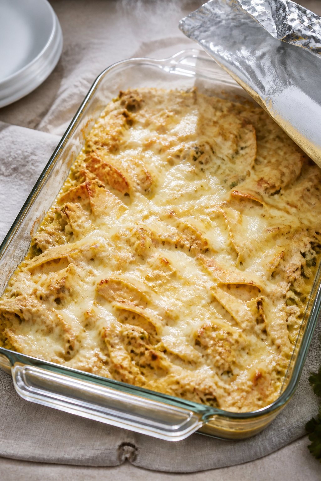 Cooking process, mid-bake reveal: White Chicken Chili Casserole just uncovered in a 9x13 baking dish
