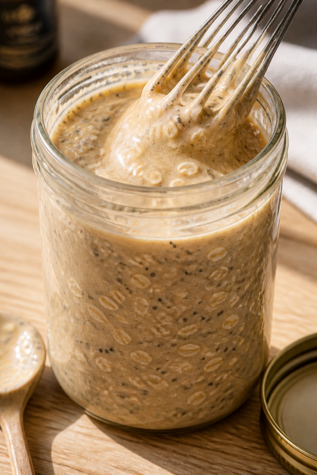 Cooking process â Mixing the base: A clear 12-oz glass jar on a light wood surface, filled with cr