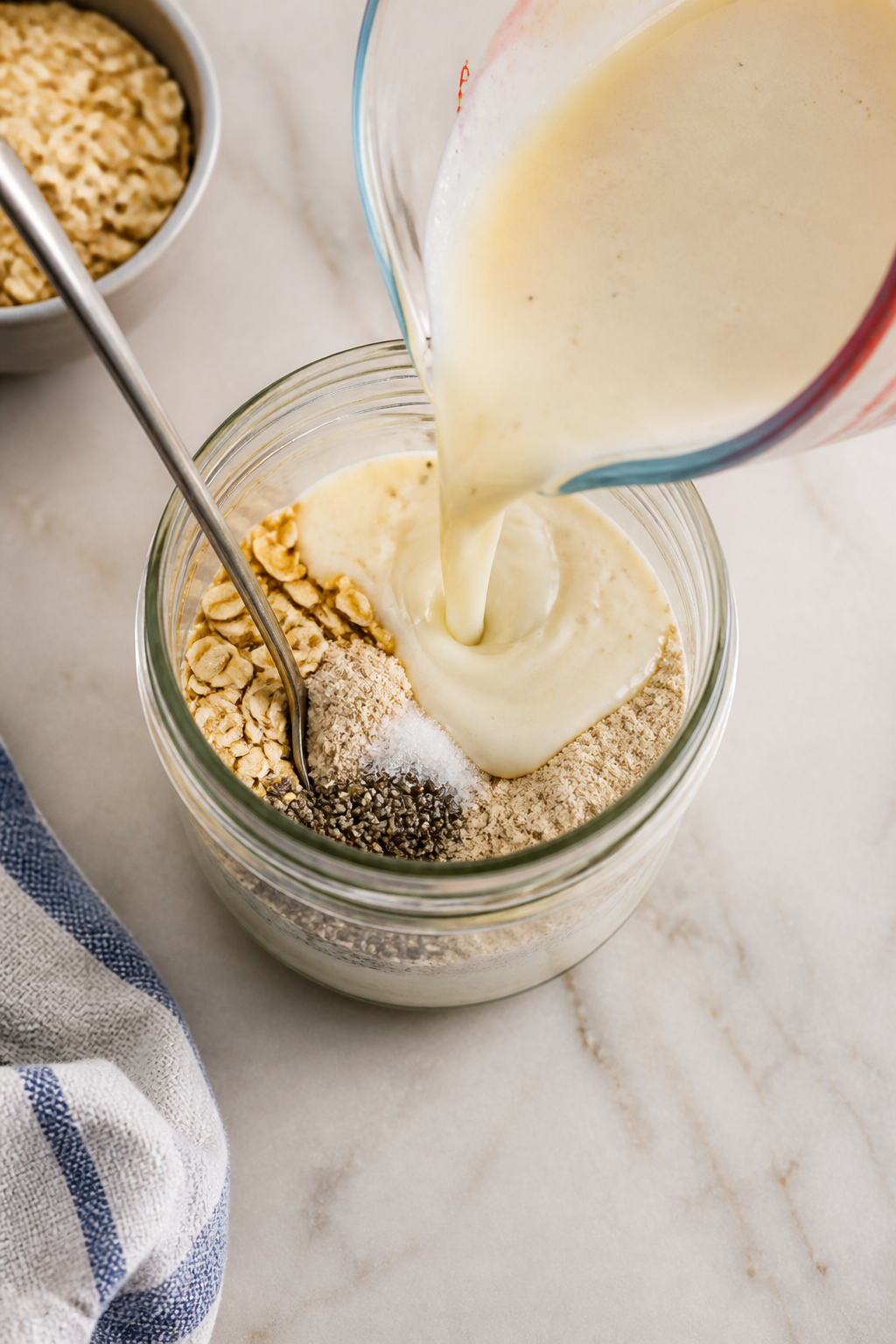 Cooking process: Overhead action shot of the “combine” step—silky milk-and-Greek-yogurt mixtur