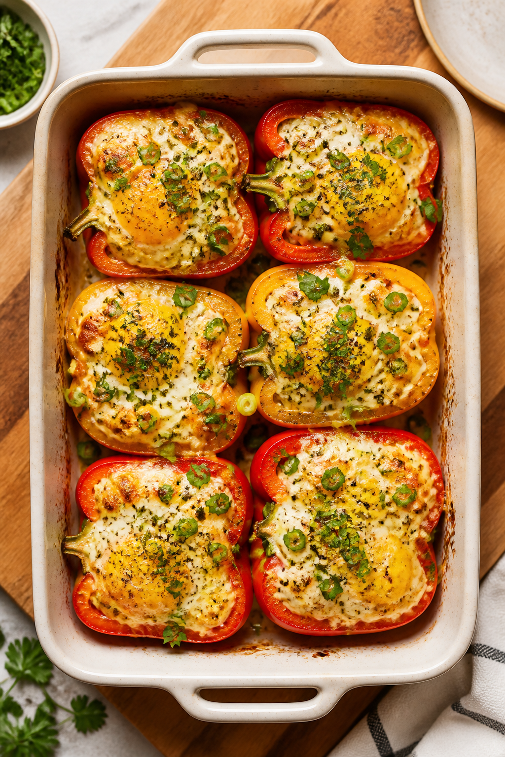 Cooking process: Overhead shot of a baking dish coming out of the oven with multiple stuffed pepper