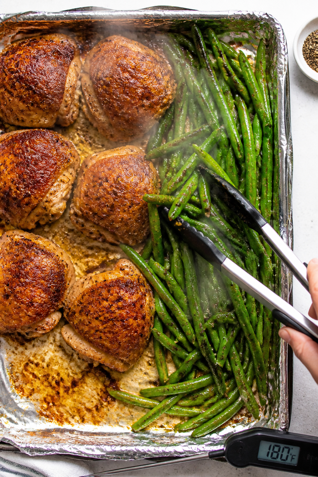 Cooking process: Overhead shot of a foil-lined sheet pan mid-cook, chicken thighs scooted to one sid