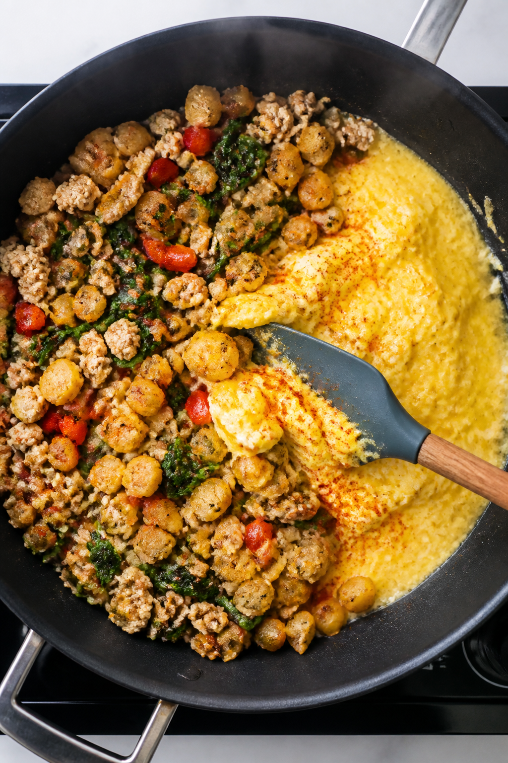 Cooking process: Overhead shot of a large skillet during the soft-scramble stage—turkey, peppers,