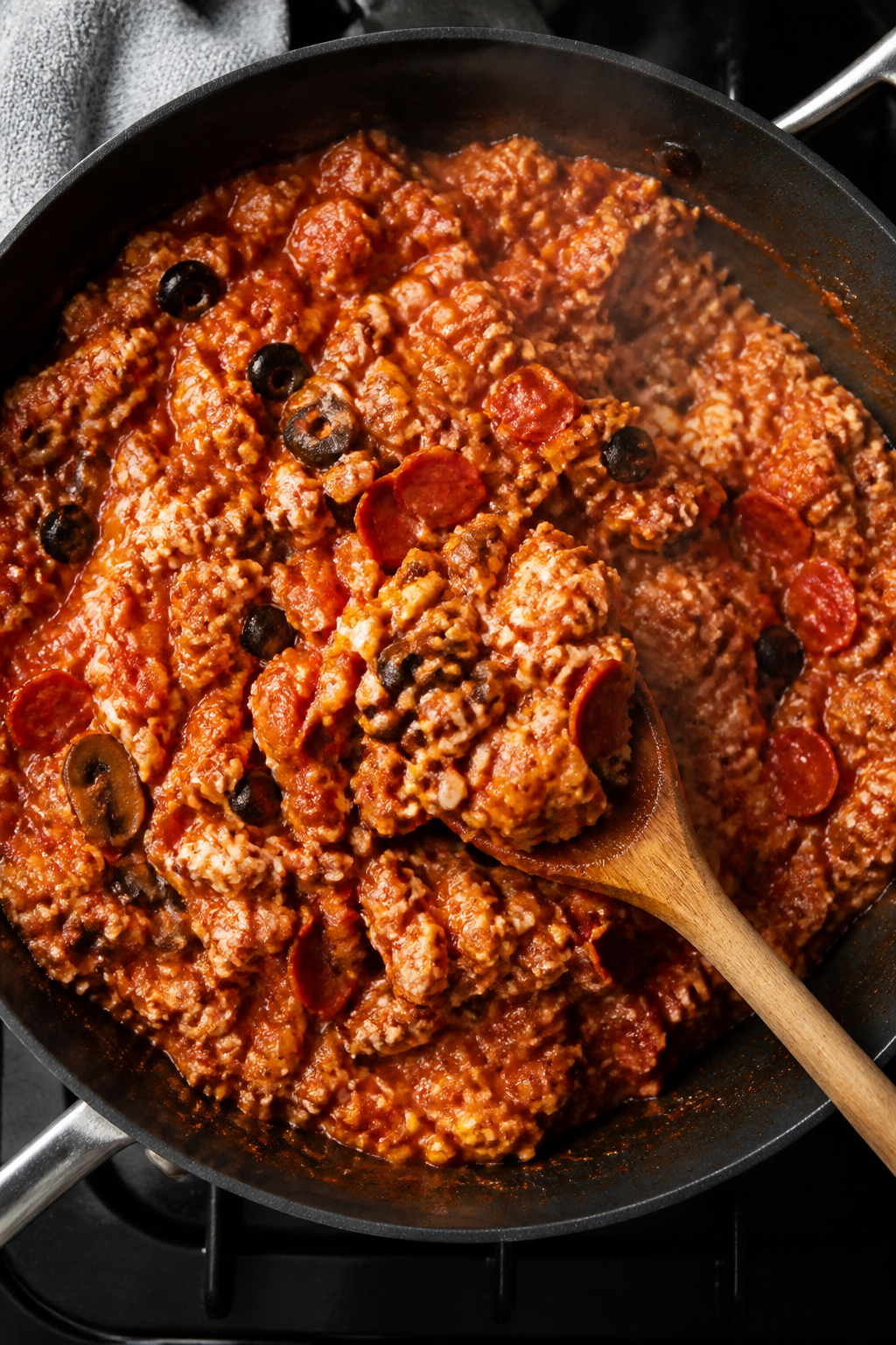 Cooking process: Overhead shot of a skillet on the stovetop with the thick, scoopable high-protein f