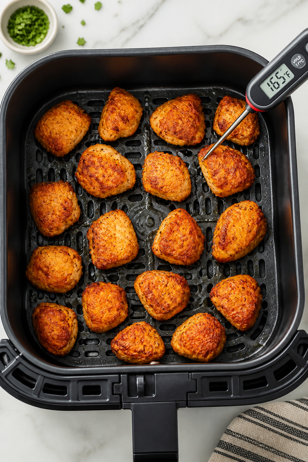 Cooking process: Overhead shot of an open air fryer basket with chicken bites arranged in a single l