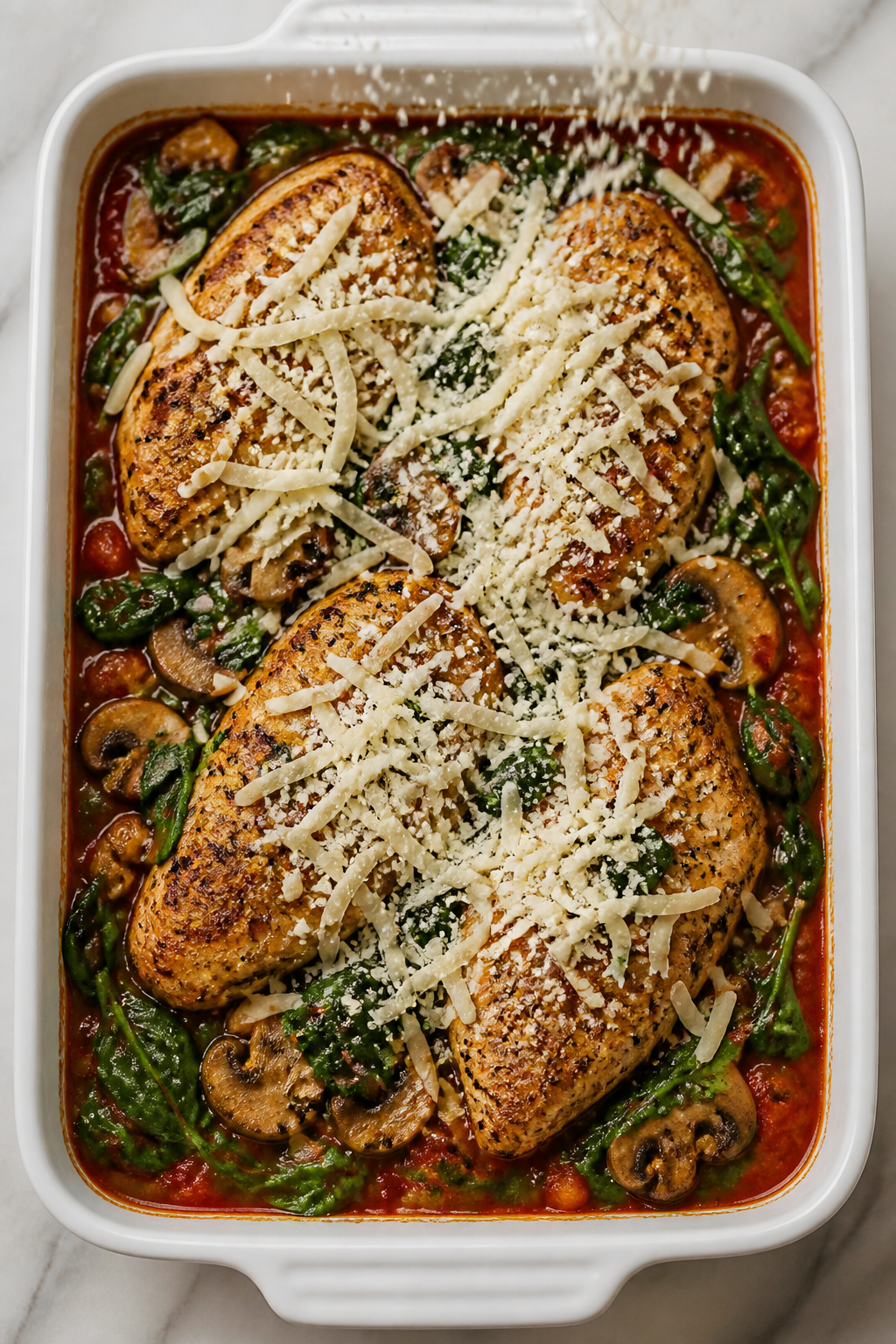 Cooking process: Overhead shot of assembling the bake in a 9x13 dish—seared, browned chicken nestl