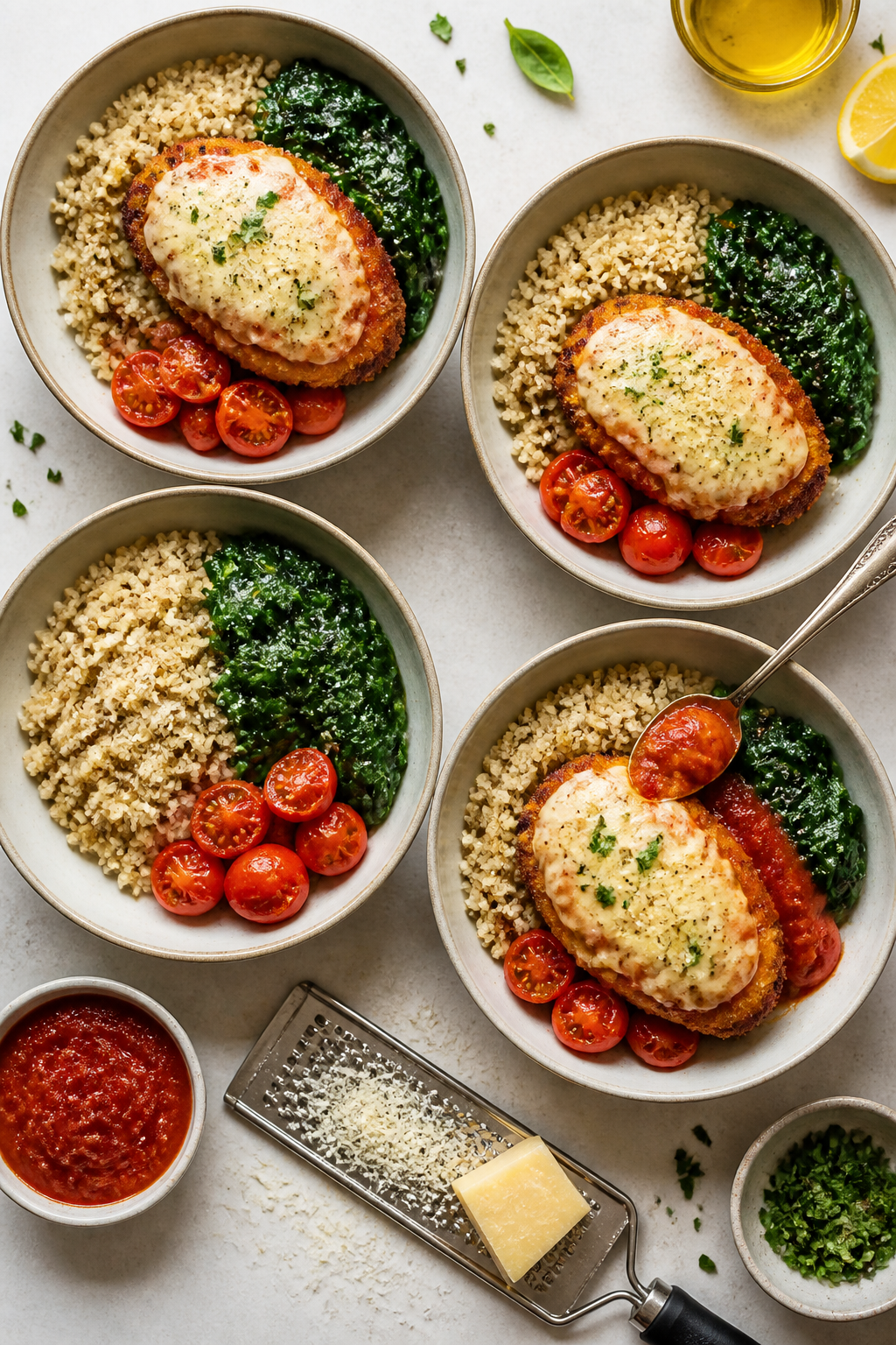Cooking process: Overhead shot of assembly for Chicken Parmesan Protein Bowls in progress—four war