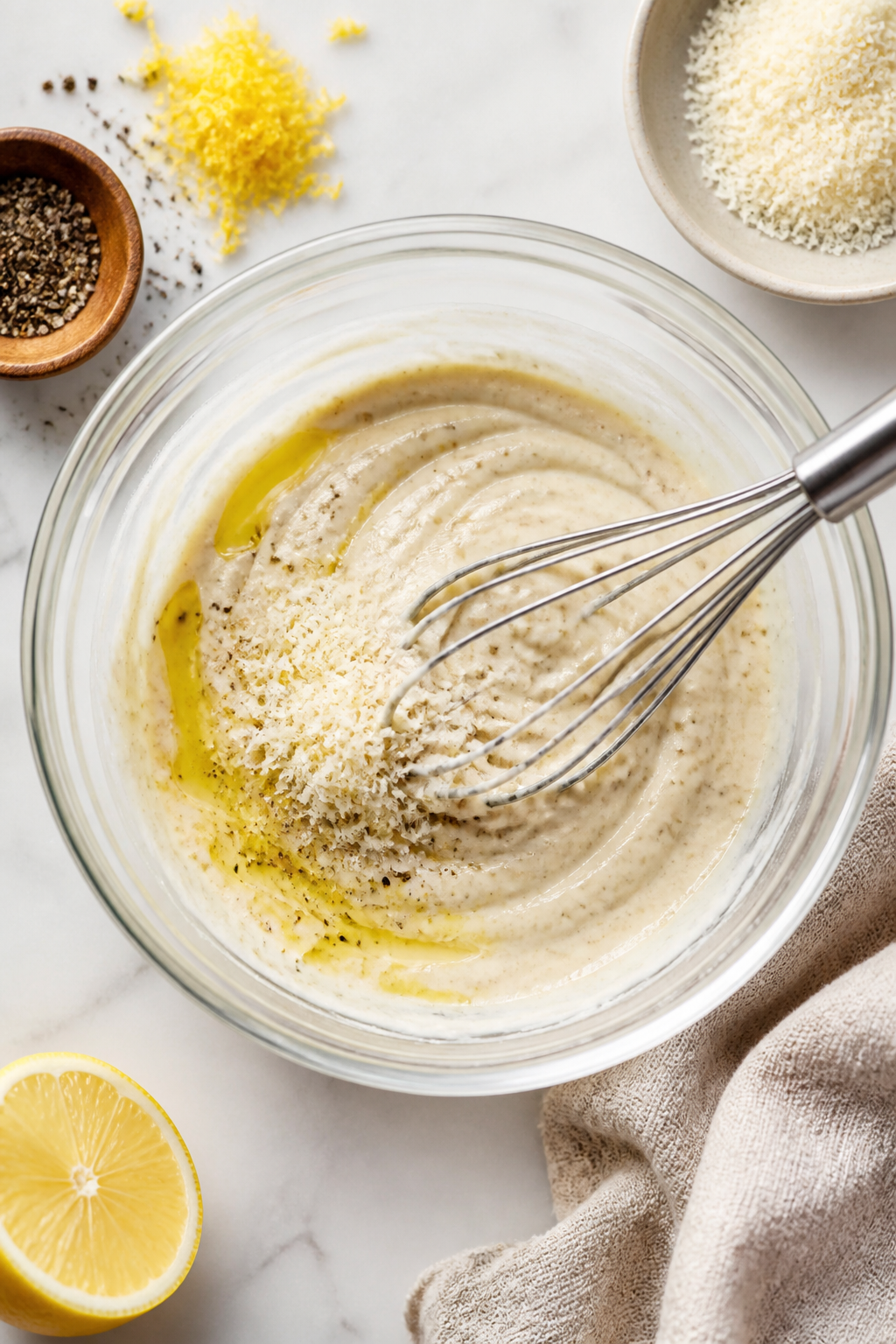 Cooking process: Overhead shot of Caesar dressing being whisked in a glass bowl—creamy Greek yogur