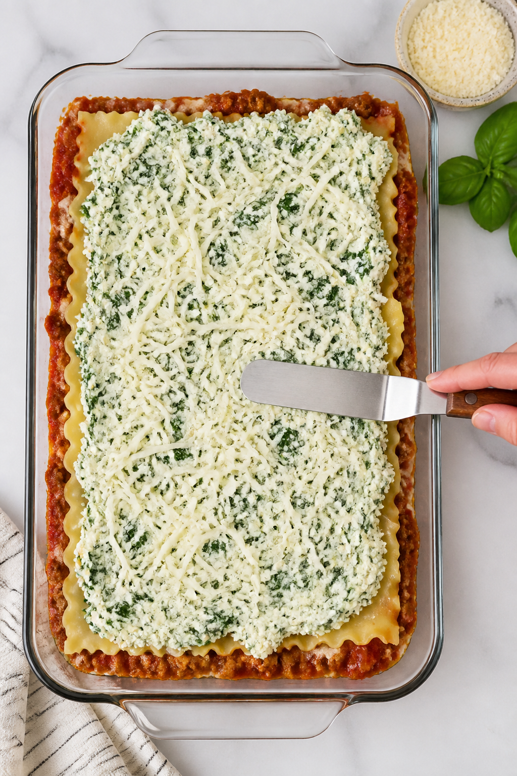 Cooking process: Overhead shot of neatly layered lasagna mid-assembly in a 9x13 baking dish—base o