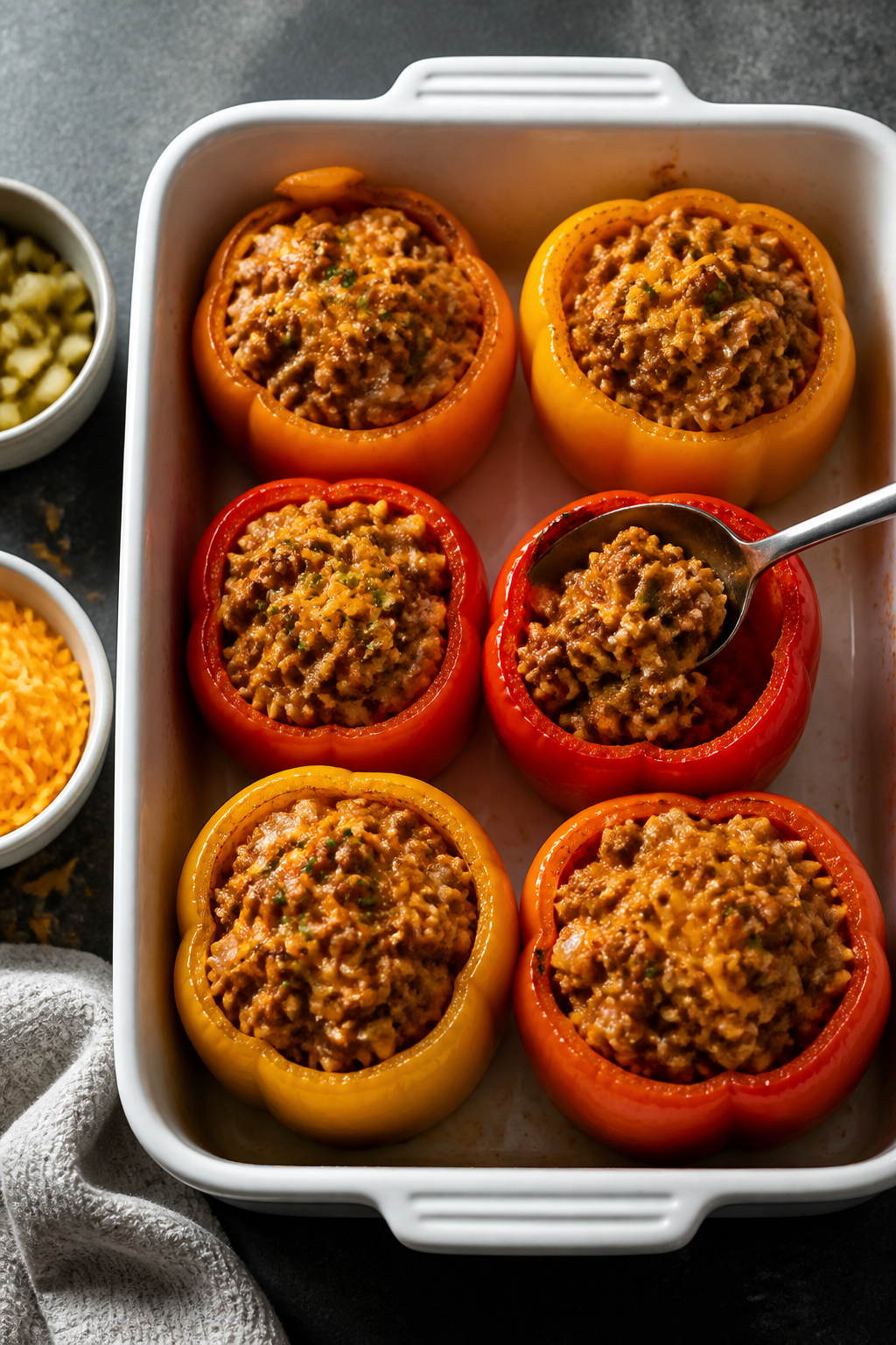 Cooking process: Overhead shot of par-baked bell peppers in a snug white baking dish being filled wi