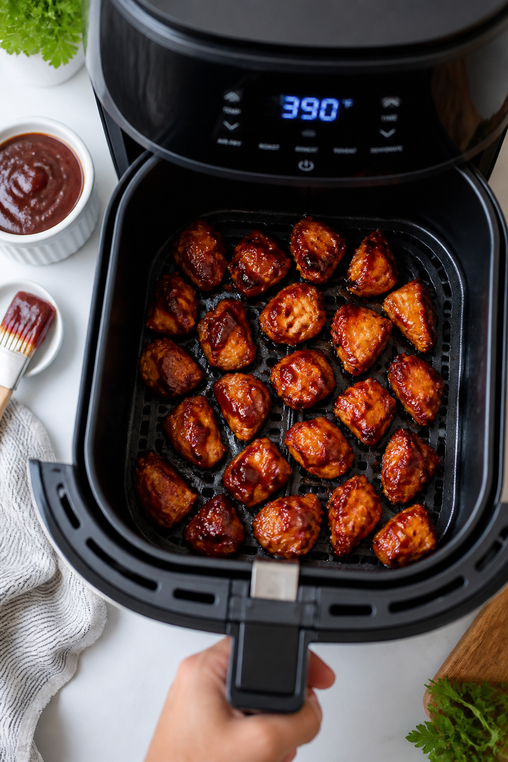 Cooking process: Overhead shot of sauced chicken bites returning to a preheated air fryer basket for
