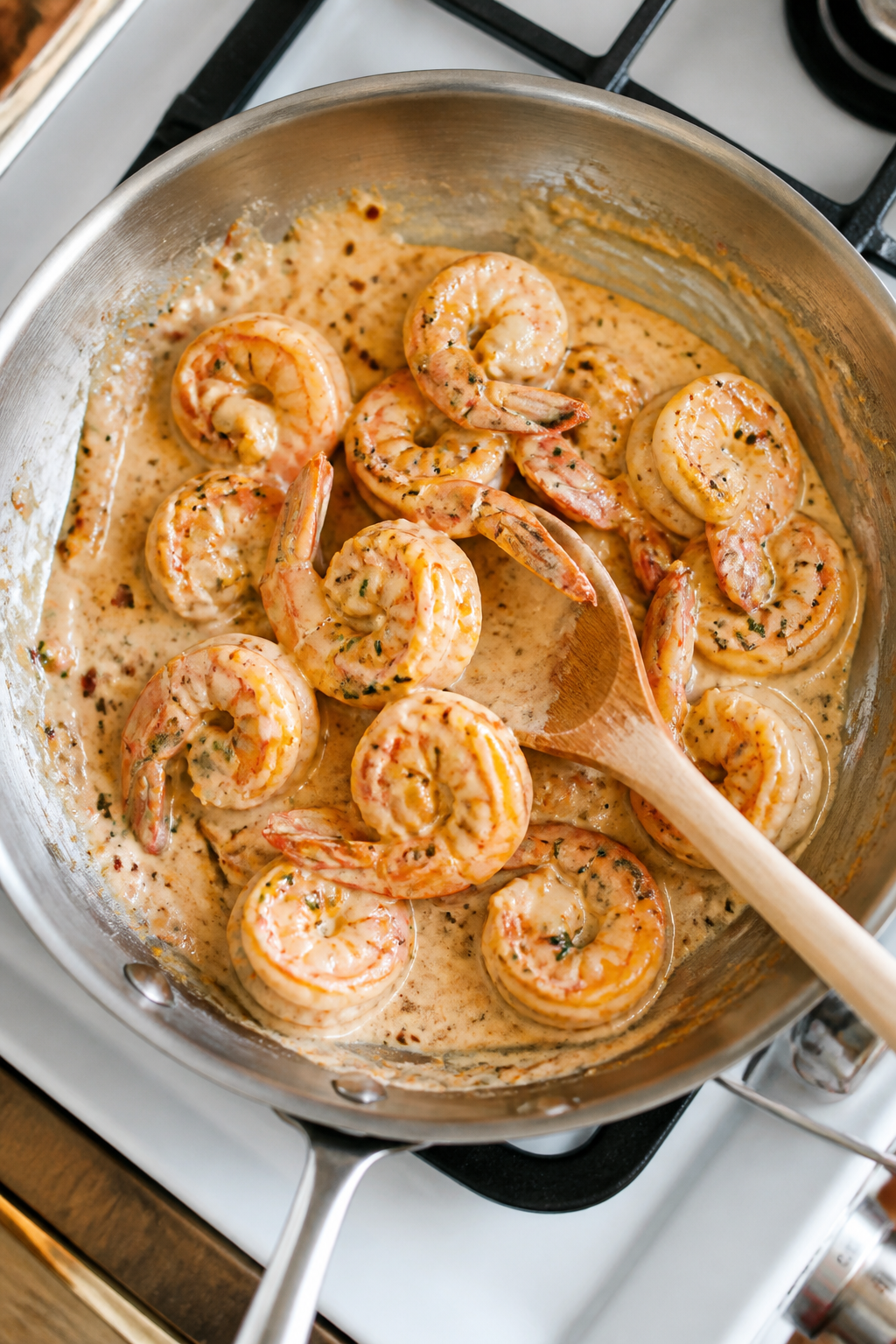 Cooking process: Overhead shot of shrimp just returned to the pan, being tossed in the thickened cre