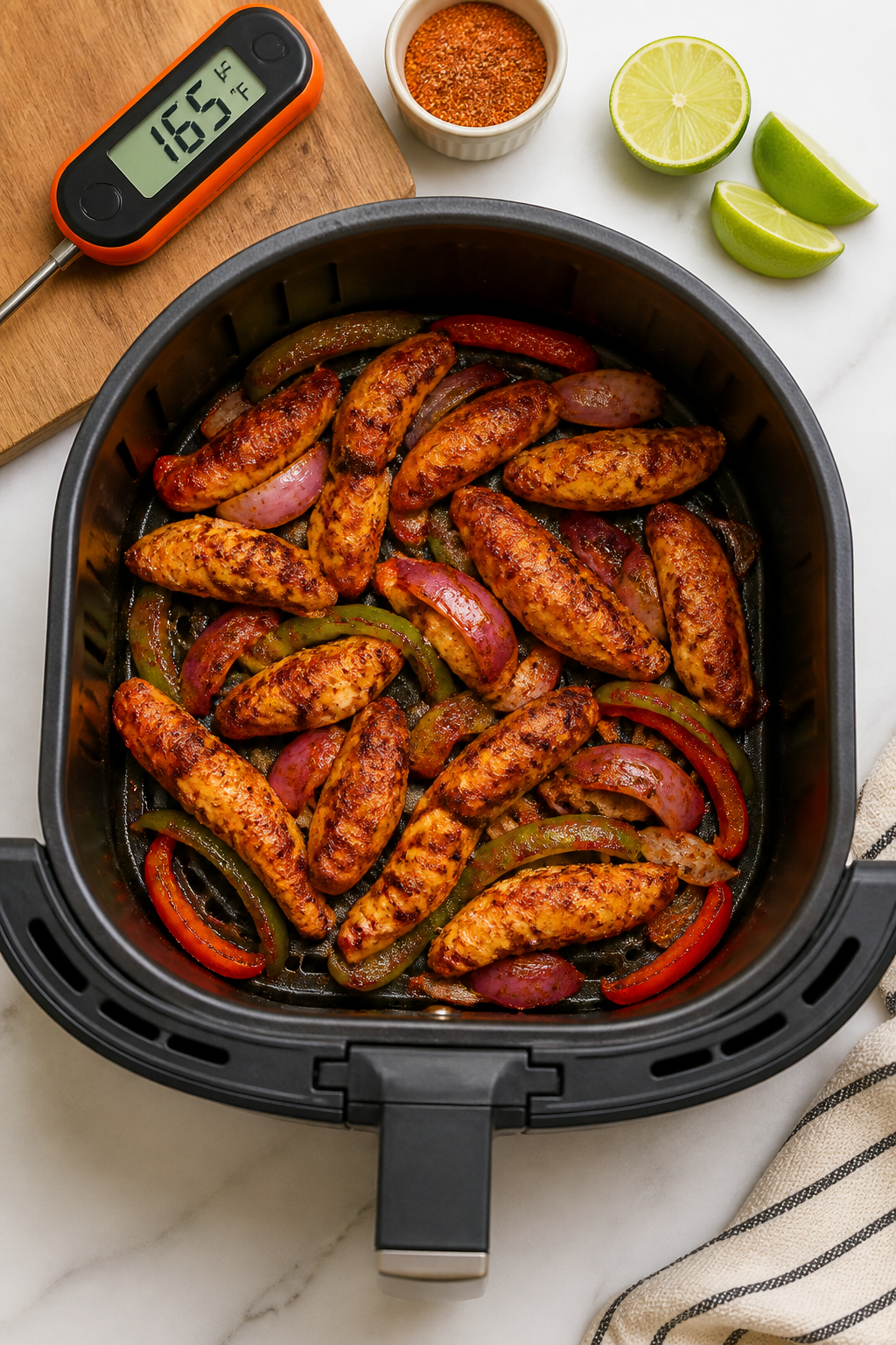 Cooking process: Overhead shot of the air fryer basket mid-cook with a single, uncrowded layer of se
