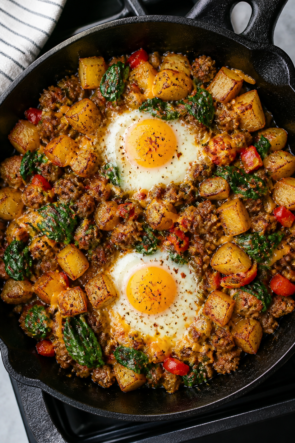 Cooking process: Overhead shot of the breakfast skillet on the stovetop just after creating wells fo