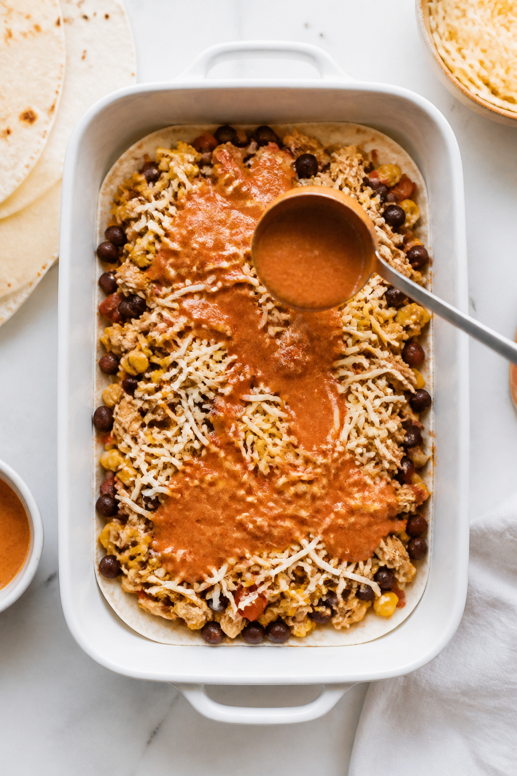 Cooking process: Overhead shot of the casserole mid-assembly in a 9x13 dish—first tortilla layer s