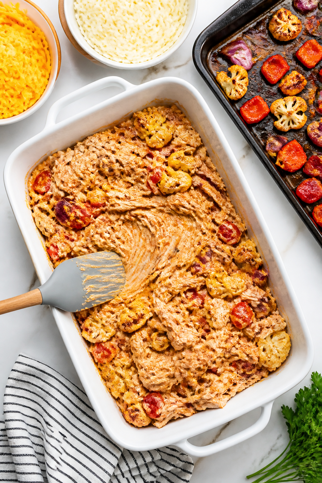 Cooking process: Overhead shot of the casserole mixture being spread evenly into a 9x13 baking dish 