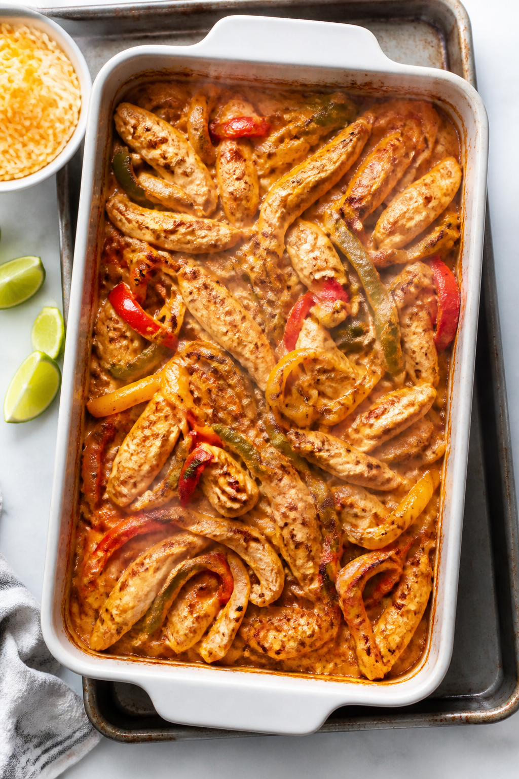Cooking process: Overhead shot of the chicken fajita casserole midway through baking, just after the