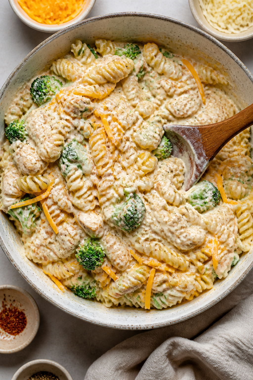Cooking process: Overhead shot of the creamy base being combined in a large mixing bowl—cooked chi