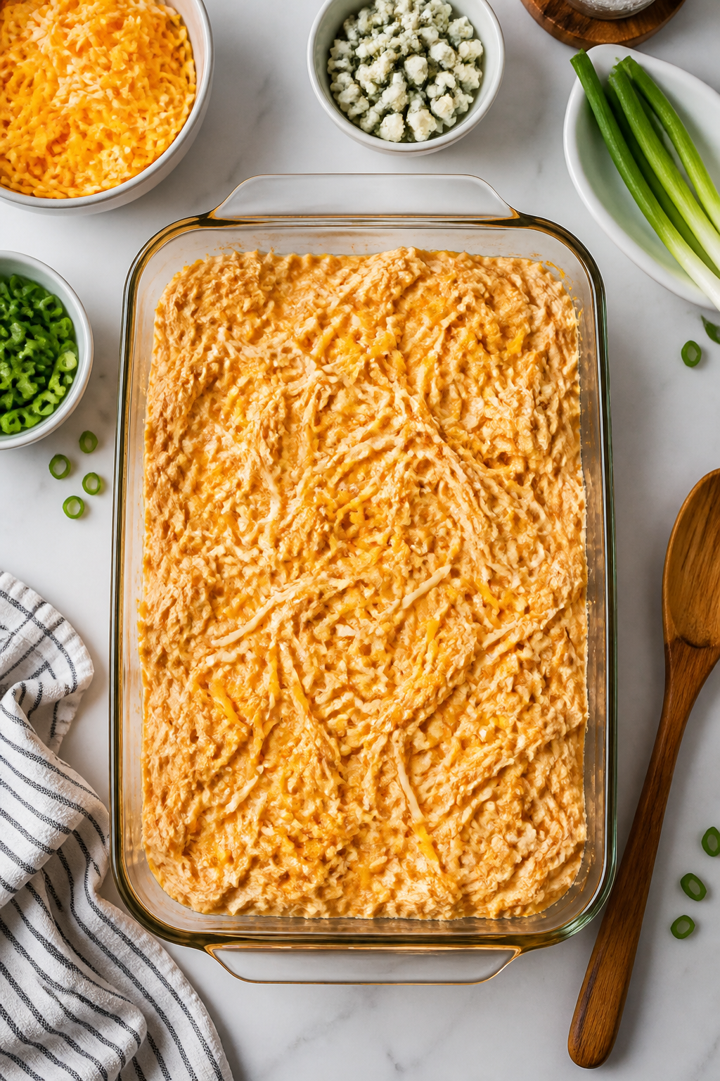 Cooking process: Overhead shot of the creamy buffalo-chicken mixture being spread evenly into a ligh