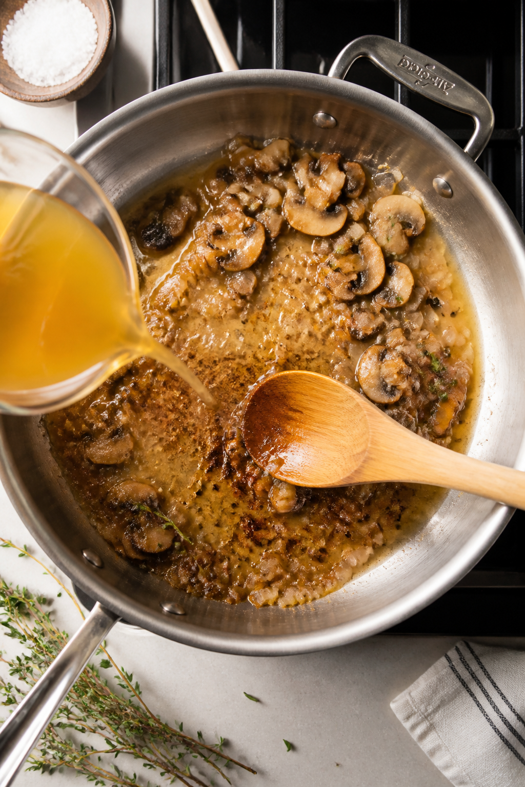 Cooking process: Overhead shot of the deglazing step—sautéed mushrooms, softened onions, and garl