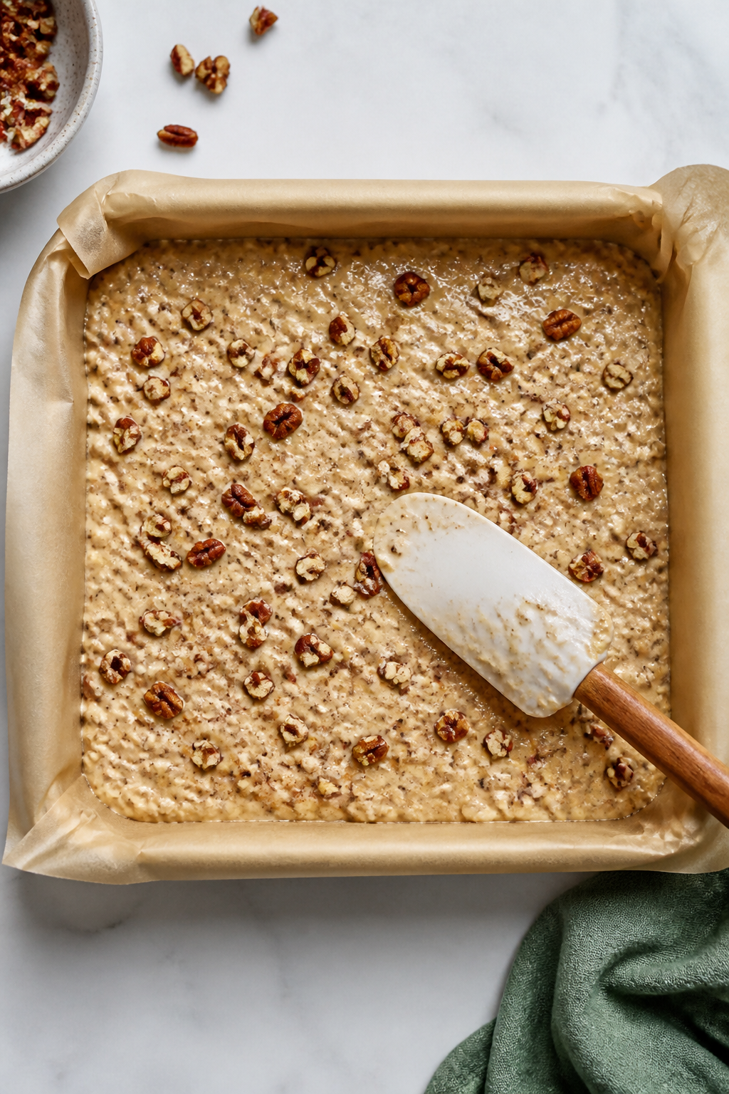 Cooking process: Overhead shot of the hydrated batter being leveled in a parchment-lined 9x9-inch ba
