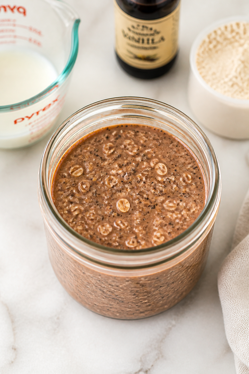 Cooking process: Overhead shot of the oats mixture right after mixing and resting, inside a 16 oz gl