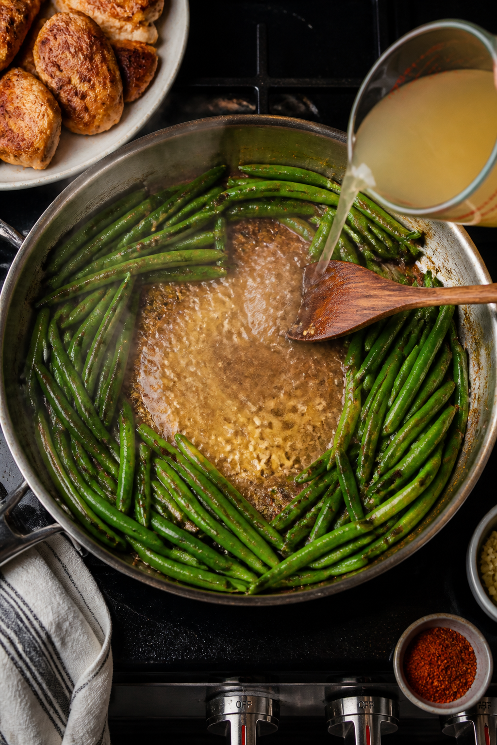 Cooking process: Overhead shot of the one-pan skillet moment where green beans are pushed to the edg