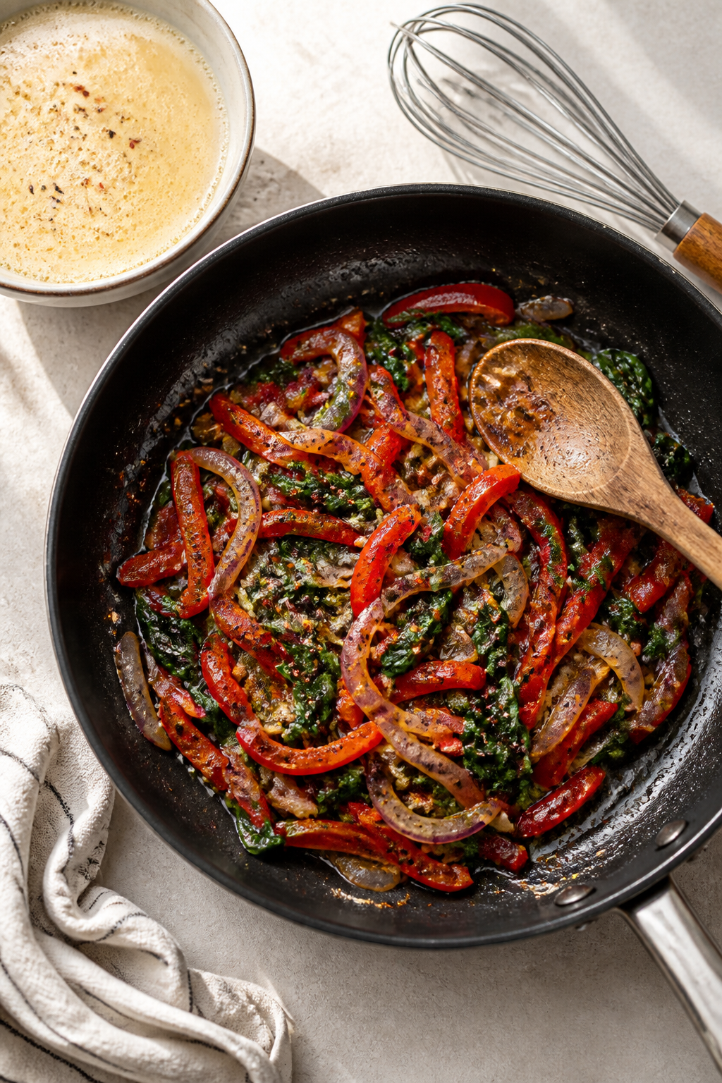 Cooking process: Overhead shot of the sautĂŠed vegetable mixture cooling in a skillet right before m