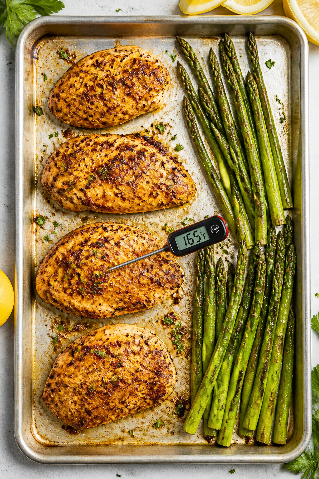 Cooking process: Overhead shot of the sheet-pan roast at peak doneness—chicken cutlets arranged wi