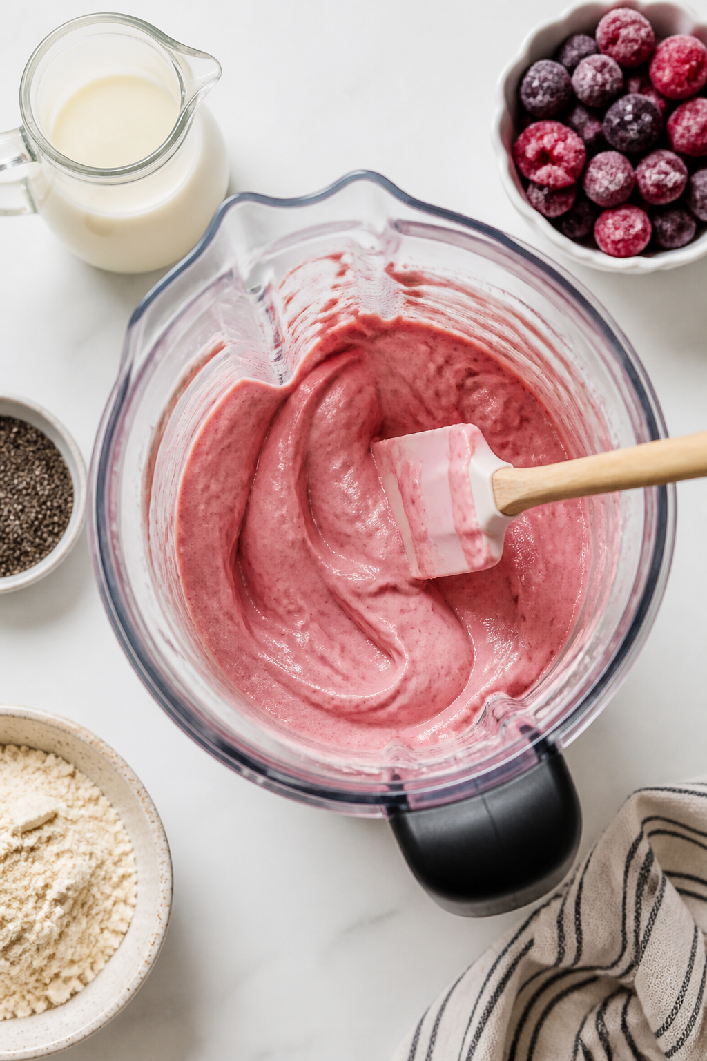 Cooking process: Overhead shot of the smoothie bowl being blended to a spoonable thickness—blender