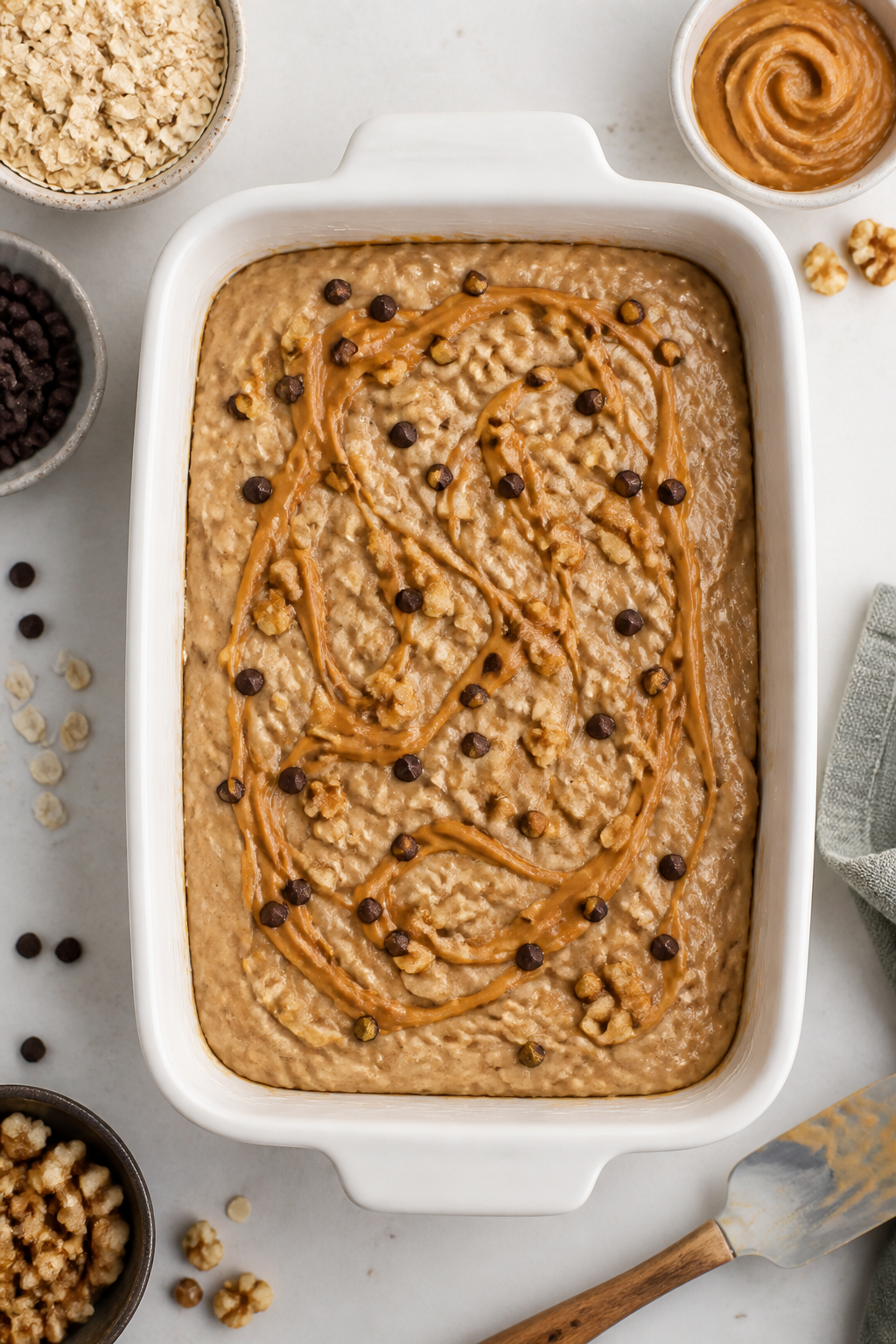 Cooking process: Overhead shot of the thick, pourable batter being zigzag-swirled with peanut butter