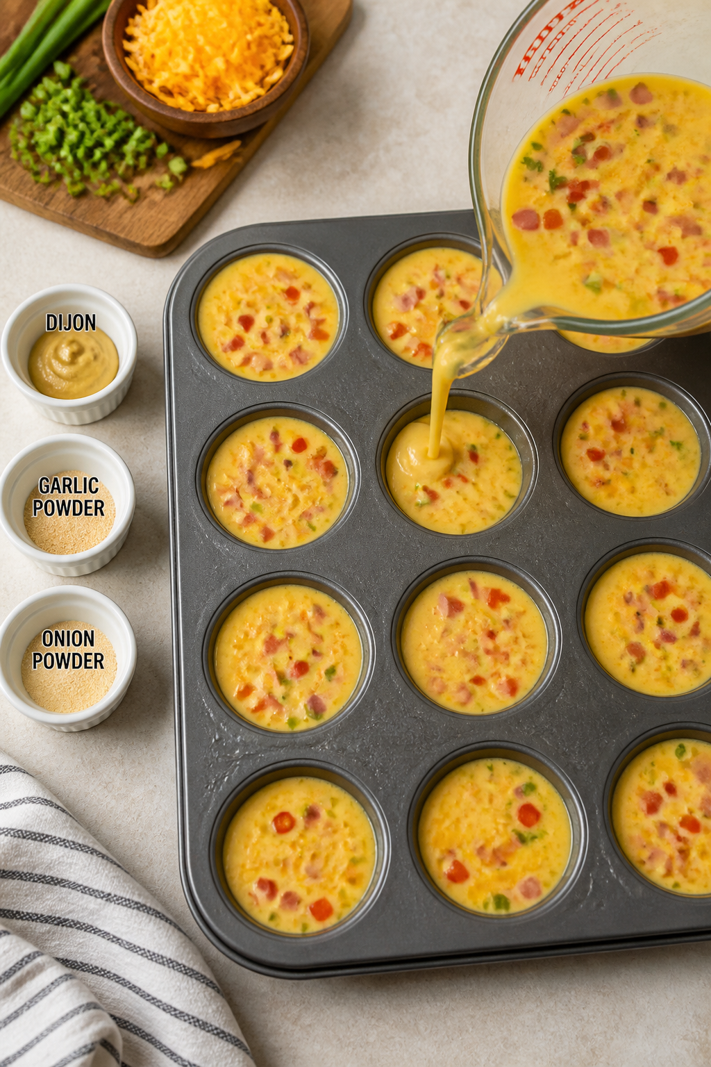 Cooking process: Overhead shot of the whisked egg mixture being portioned into the muffin tin with a