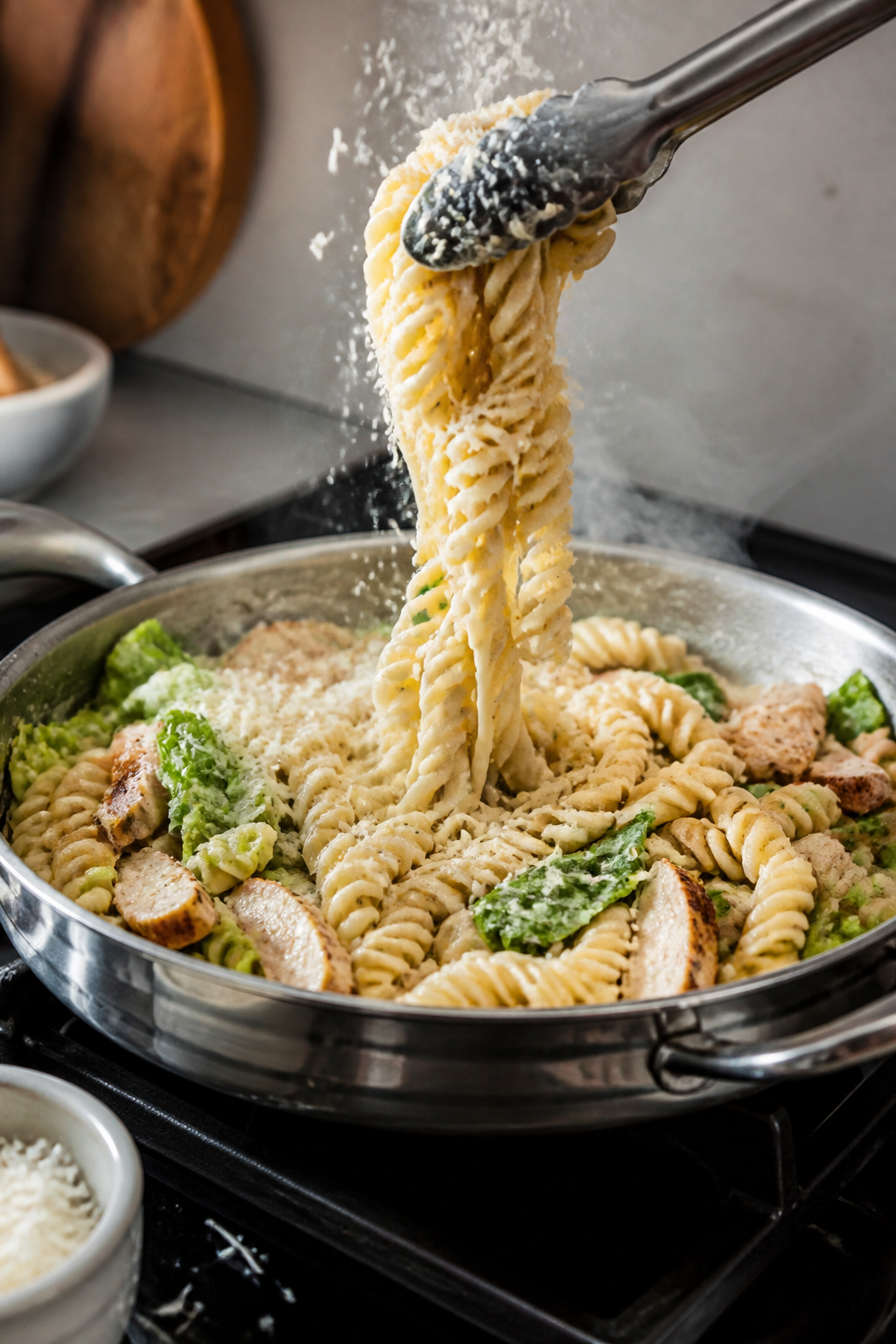 Cooking process: Pasta being tossed in a wide stainless sautĂŠ pan over low heat with the Caesar sau