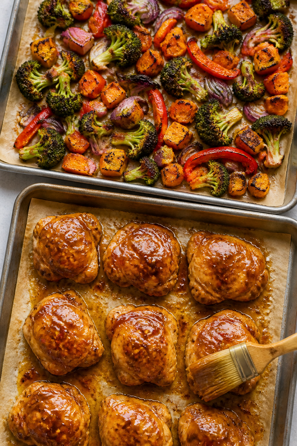 Cooking process: Roasted veggie sheet pan at peak doneness—broccoli florets with charred tips, swe